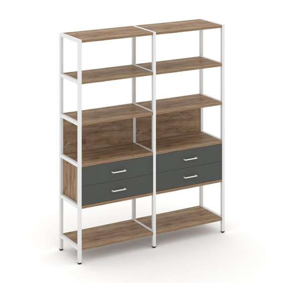 Shelf System Двухсекционный стеллаж пятиярусный с ящиками SN.STM-522 Дуб Табак/Антрацит/Металл Белый