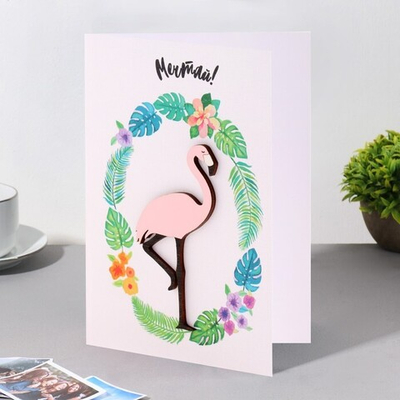 Открытка с деревянным элементом "Мечтай!" ручная работа, фламинго,14,7х10,5 см