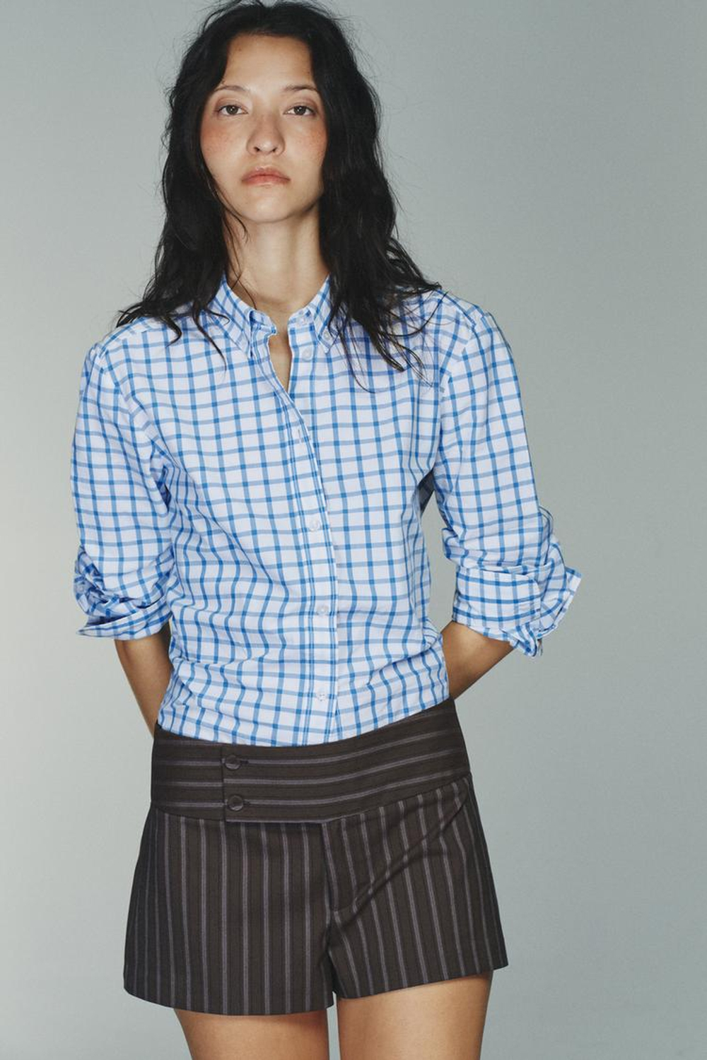 ZARA РУБАШКА ИЗ ПОПЛИНА В КЛЕТКУ, ЯРКО-СИНИЙ