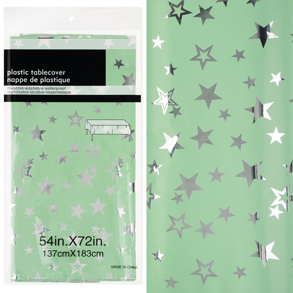 Скатерть металлизированная в мятном цвете с серебряными звездами, 137*183 см