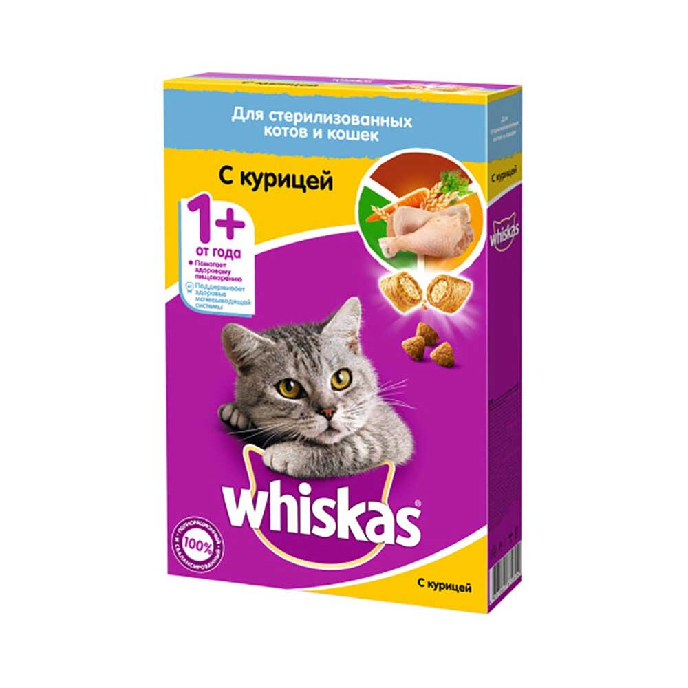 Whiskas корм для стерилизованных кошек с курицей, подушечки с паштетом