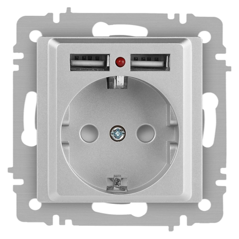 Розетка Intro Accent 6-410-03 с заземлением 2P+E Schuko со шторками 16А-250В + 2хUSB IP20 СУ алюминий