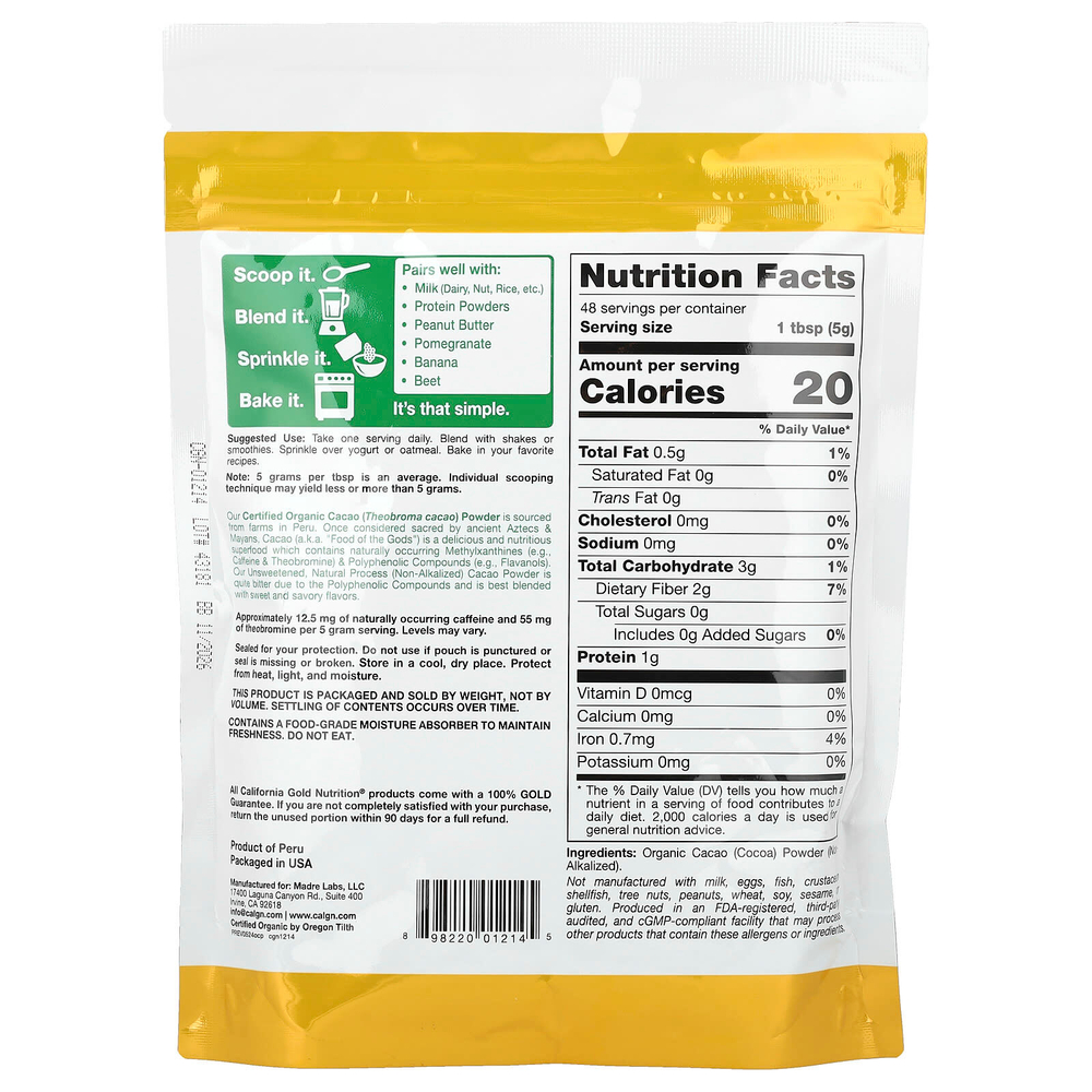 California Gold Nutrition, Superfoods, органический какао-порошок, 240 г (8,5 унции)