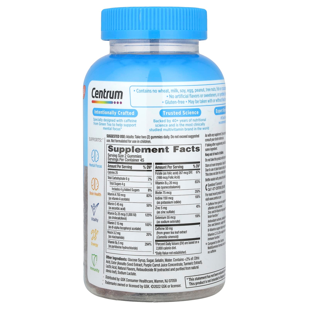 Centrum, Мультивитамины двойного действия и мультивитамины для умственной фокусировки, натуральный апельсин и лимон, 90 жевательных таблеток