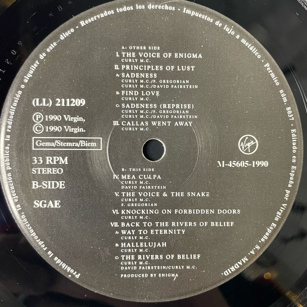 Винтажная виниловая пластинка LP Enigma MCMXC a.D. (Spain 1990) Sadeness
