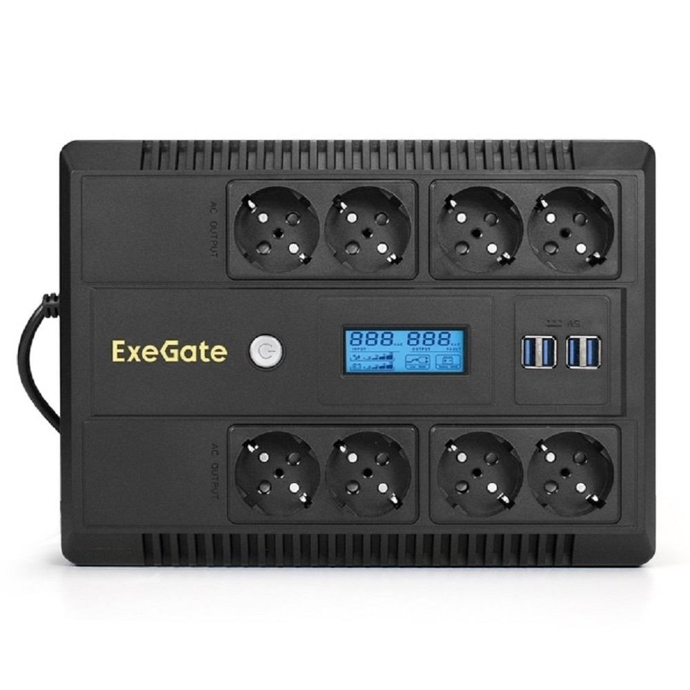 Exegate EX293856RUS ИБП ExeGate NEO Smart LHB-600.LCD.AVR.8SH.CH.USB &lt;600VA/360W, LCD, AVR, 8*Schuko, USB, 4*USB-порта для зарядки, Black&gt;