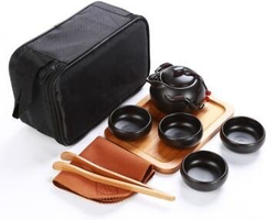 242070.2Y2 УЦЕНКА Сервиз ДОРОЖНЫЙ "Пингвин+4",чайник180мл+4пиалы+поднос+щипцы+сумка,чёрный,фарфор