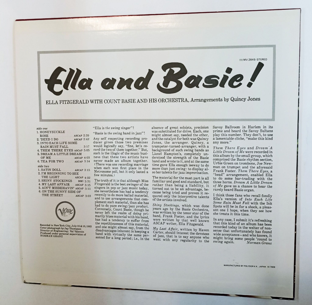 Винтажная виниловая пластинка LP Ella Fitzgerald With Count Basie And His Orchestra Ella And Basie (Japan 1986)