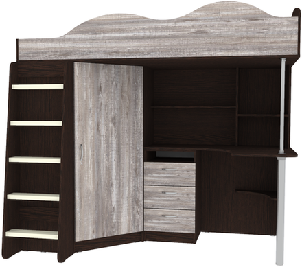 Кровать-чердак КарИВи Пионер с деревянной лестницей Венге Бетон