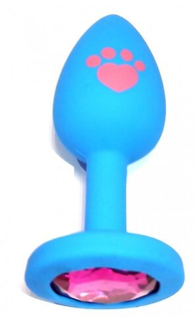 Анальная втулка голубая с рисунком лапа Small кристалл розовый 7 см