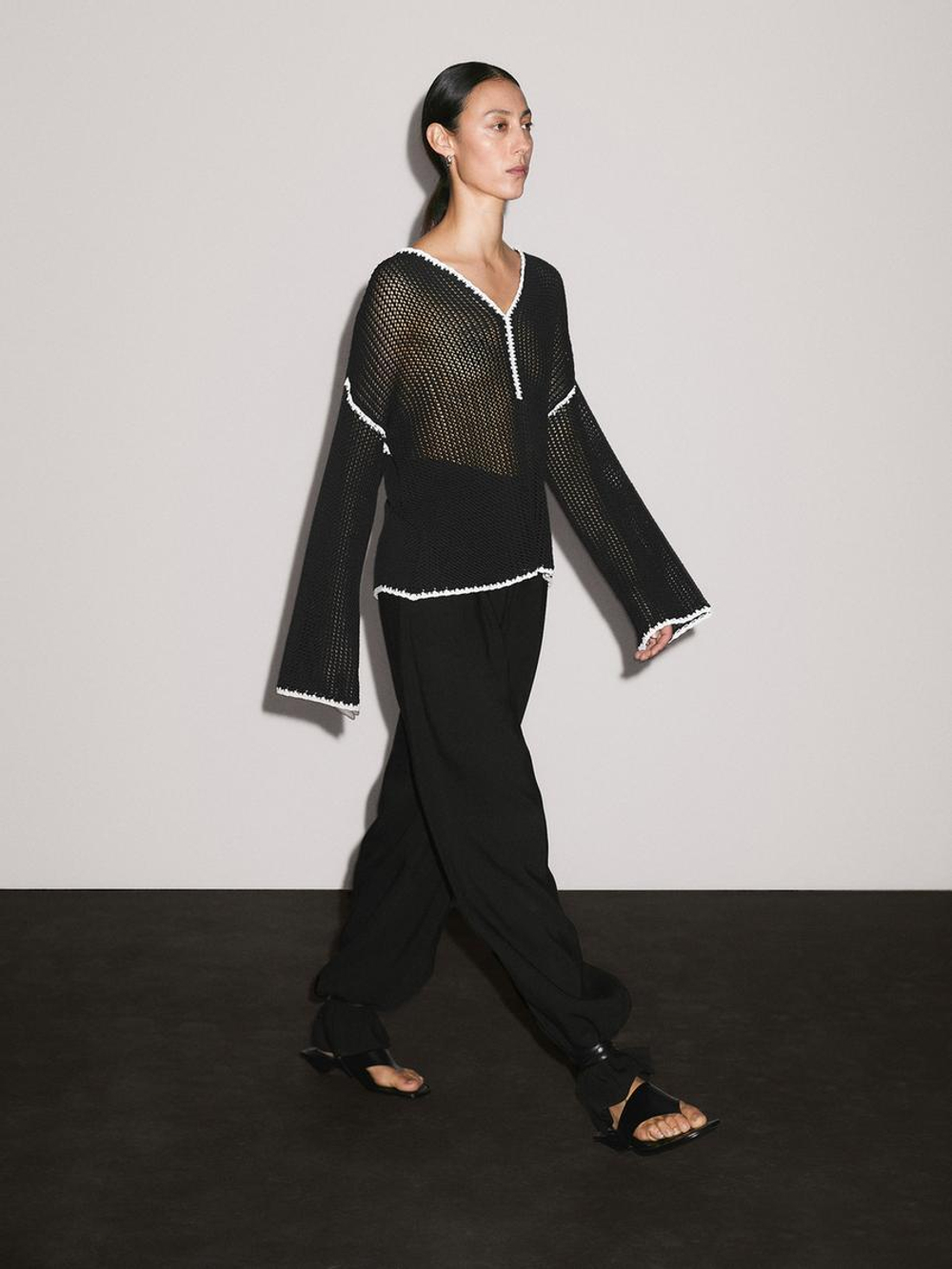 Massimo Dutti Свитер ажурной вязки из 100% хлопка, черный