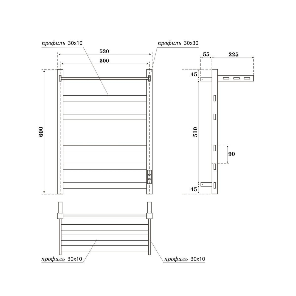 Полотенцесушитель электрический Point Меркурий PN83856PGR П5 500x600 с полкой, диммер справа, графит премиум схема