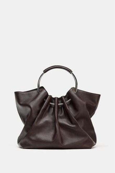 ZARA КОЖАНАЯ СУМКА-МЕШОК С ЖЕСТКИМИ РУЧКАМИ, КОРИЧНЕВЫЙ