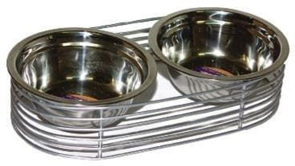 Кормушка напольная овальная металлическая, h-6см, 2*0,35л, D14, хром Кормушка напольная овальная металлическая, h-6см, 2*0,35л, D14, хром