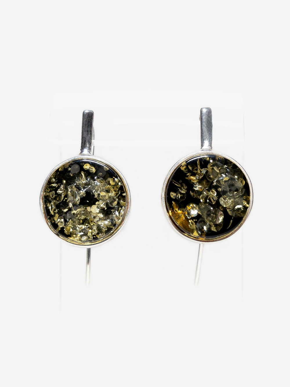 Серебряные серьги с цельным зеленым янтарем (17 мм), серебро 925 пробы