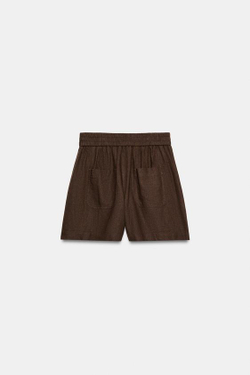 ZARA БЕРМУДЫ ИЗ СМЕСОВОГО ЛЬНА С ЭЛАСТИЧНЫМ ПОЯСОМ, КОРИЧНЕВЫЙ