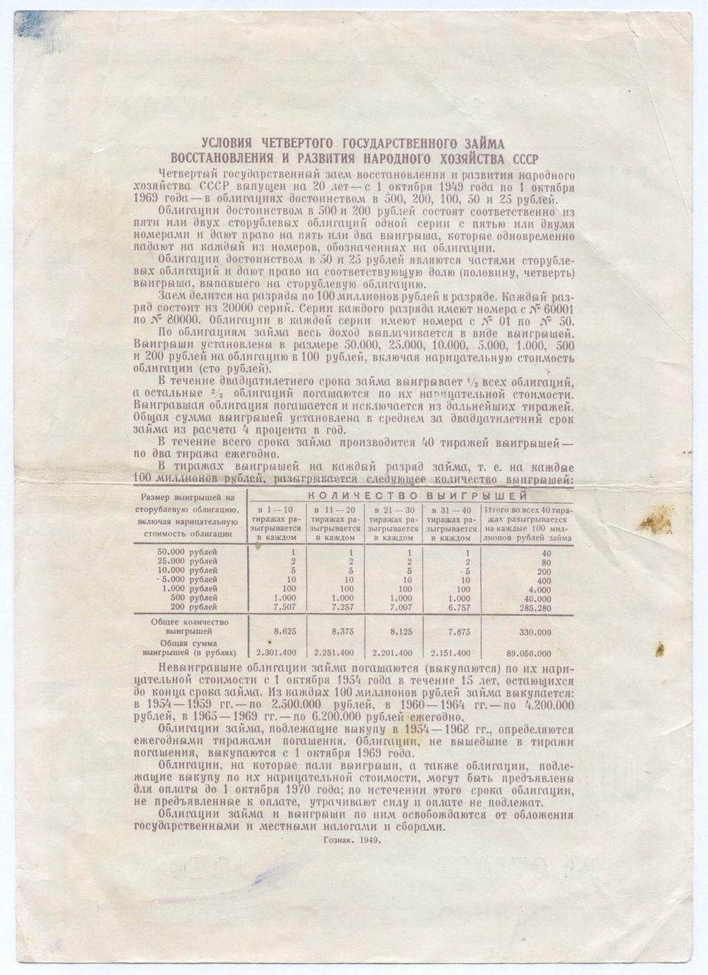 Облигация 100 рублей 1949 год. 4-ый заем восстановления и развития народного хозяйства. Серия № 074083. F-VF