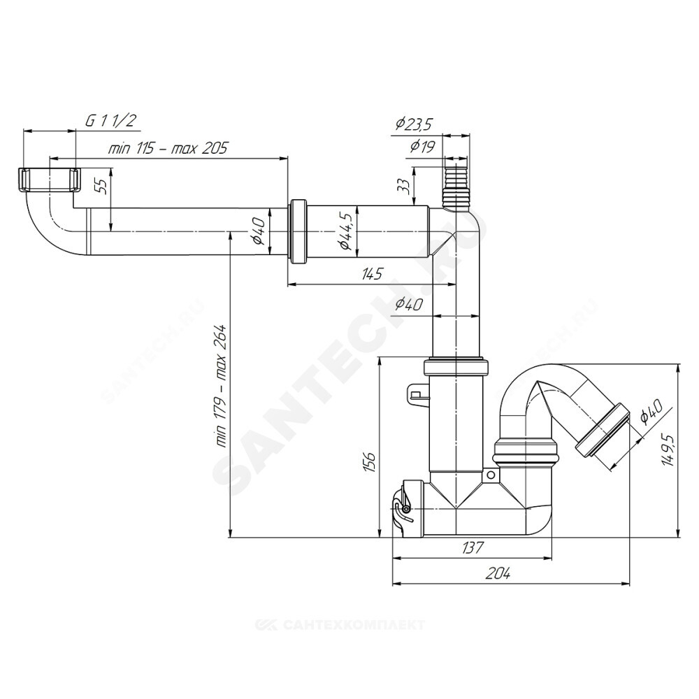 Сифон для кухонной мойки трубный 1 1/2"x40 с отводом (штуцером) без выпуска АНИ Пласт F5320