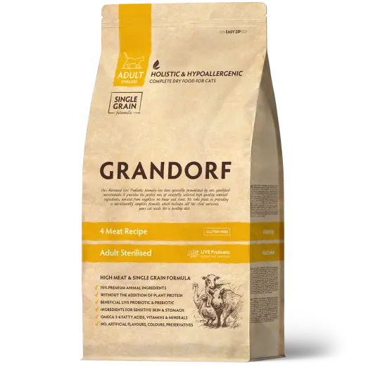 Сухой низкозерновой корм GRANDORF CAT 4 Meat PROBIOTIC STERILISED Четыре вида мяса для стерилизованных кошек с чувствительным пищеварением 0,4кг