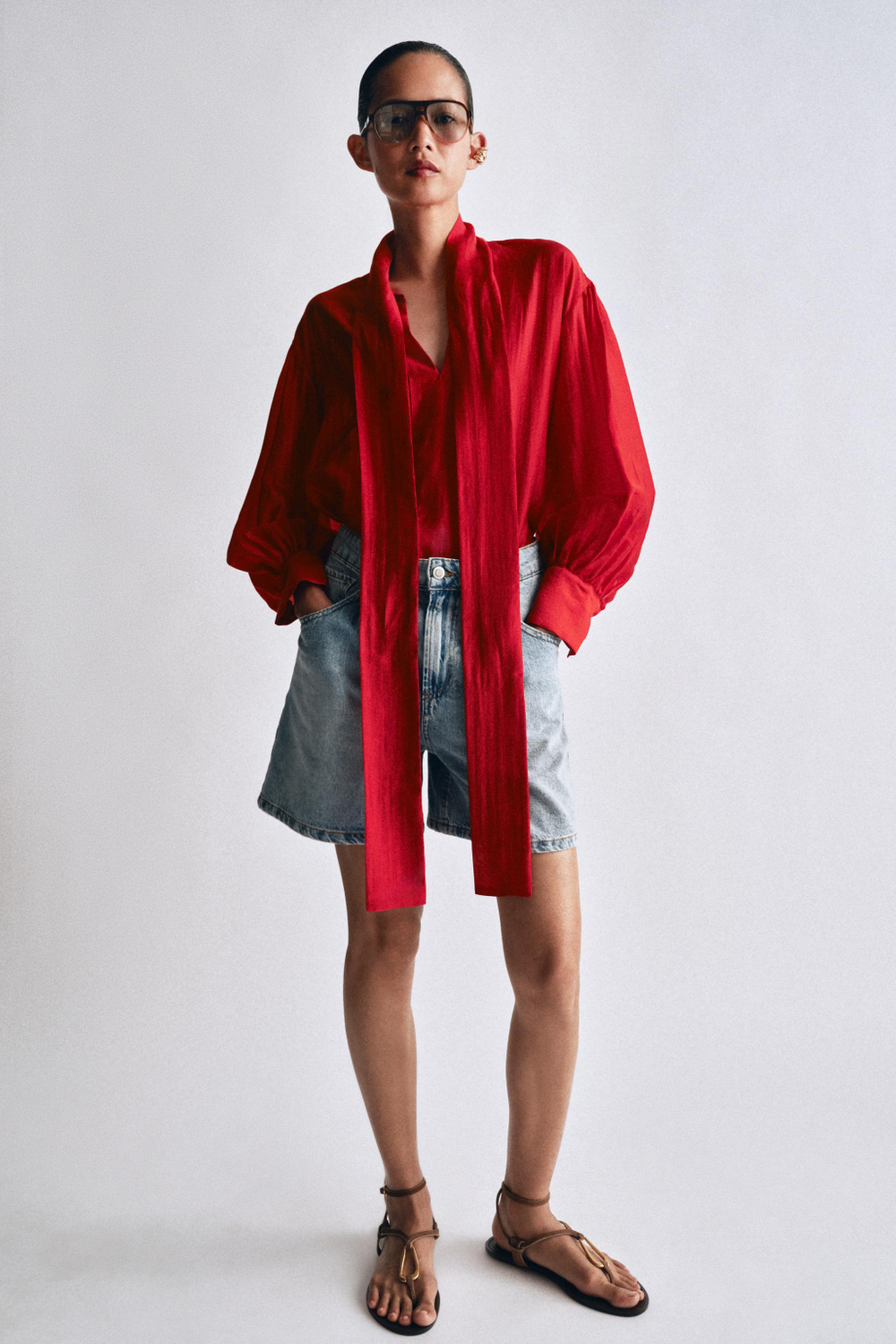 ZARA АТЛАСНАЯ РУБАШКА С ПЛАТКОМ — ZW COLLECTION, КРАСНЫЙ