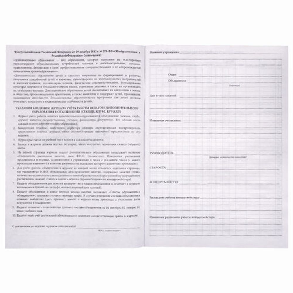 Журнал учёта работы педагога дополнительного образования, 48 л., А4 200х290 мм, картон, офсет, STAFF, 130243