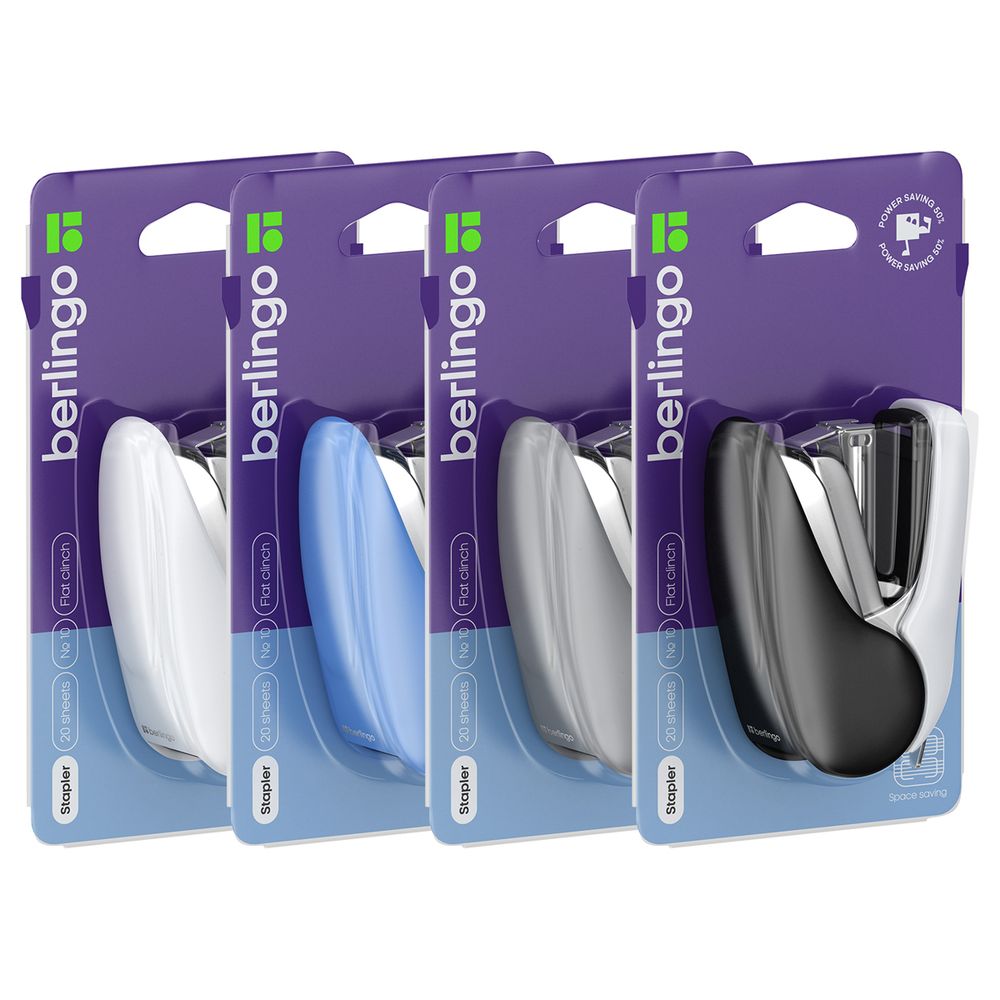 Степлер №10, Berlingo, до 20л, энергосберегающий, пластиковый корпус, ассорти, 1шт.