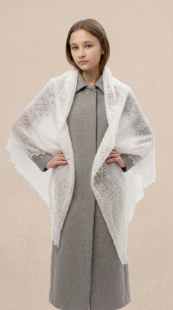 Оренбургский пуховый платок-паутинка А160-01 белый отбеленный