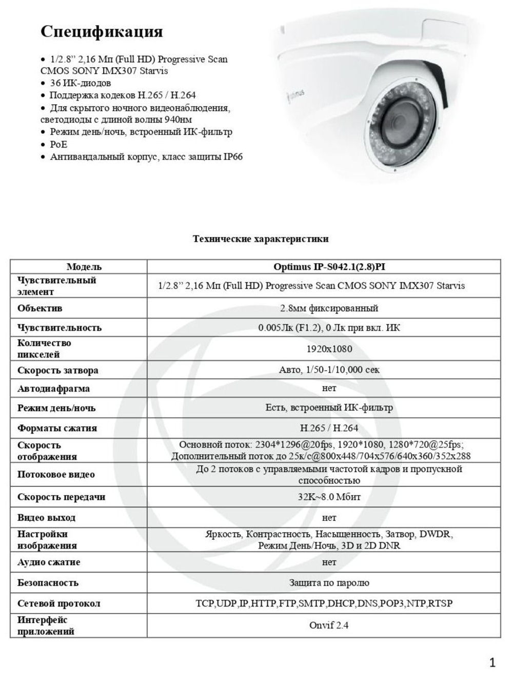 Видеокамера Optimus IP-S042.1(2.8)PI