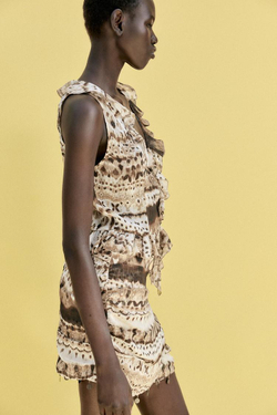 ZARA ТОП ИЗ ТКАНИ С ПРИНТОМ ТАЙ-ДАЙ С ВОЛАНАМИ, РАЗНОЦВЕТНЫЙ