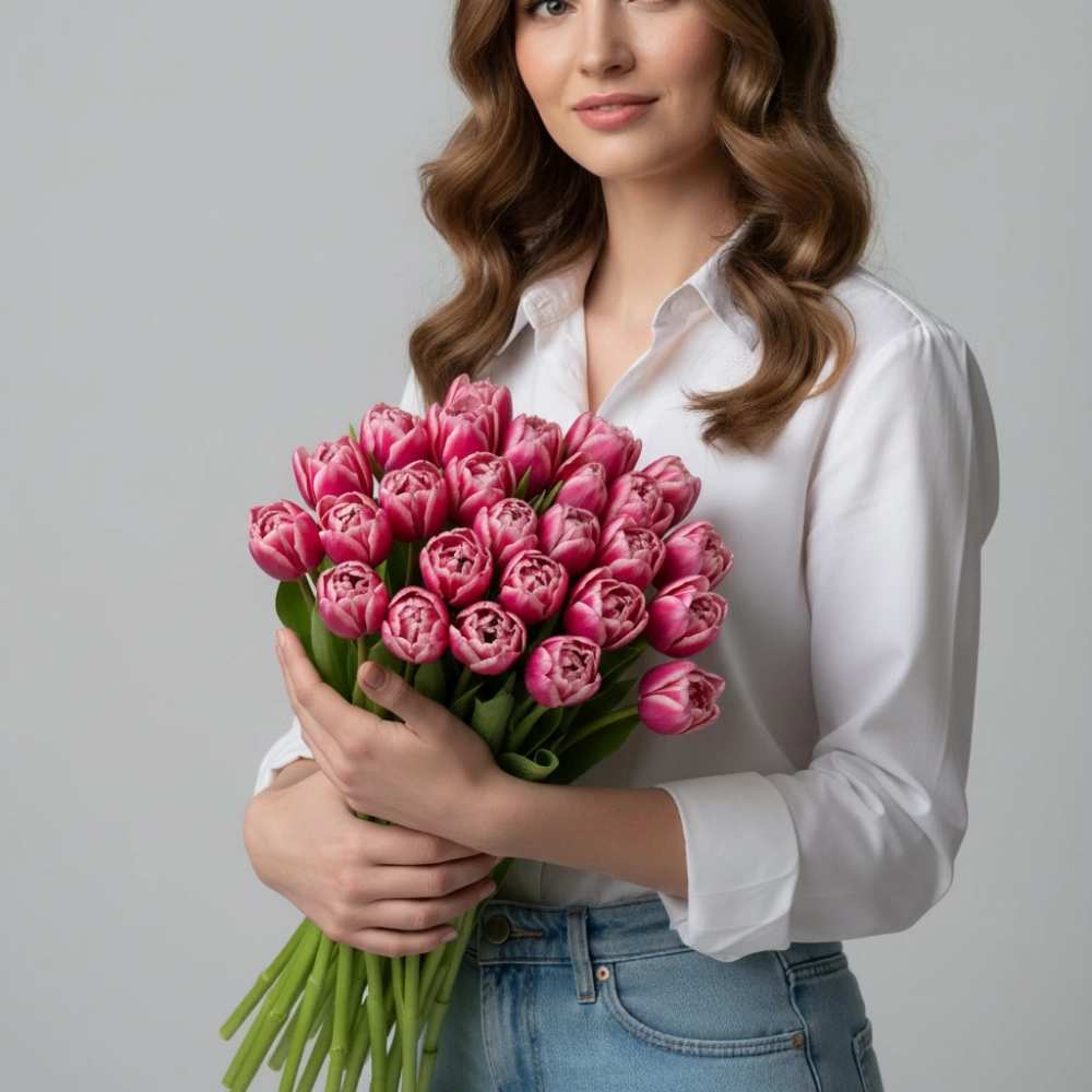 Малиновые тюльпаны в монобукете.