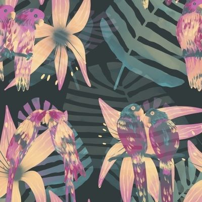 Попугаи и тропические растения на темном фоне