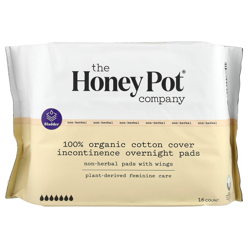 The Honey Pot Company, Ватные диски без трав с крыльями, органическое недержание на ночь, 16 шт.