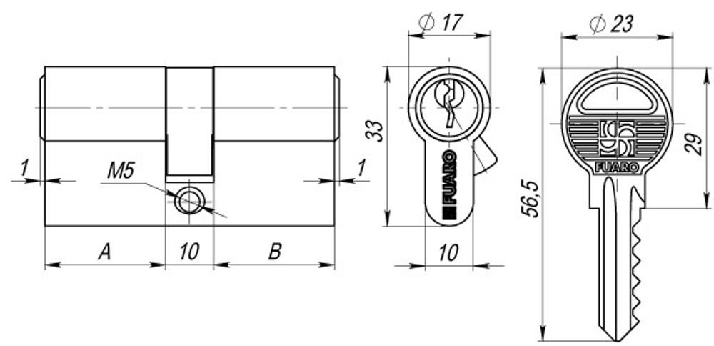 Цилиндровый механизм (100 ZA/60) 1000ZAKey60(25+10+25) PB латунь 5Key