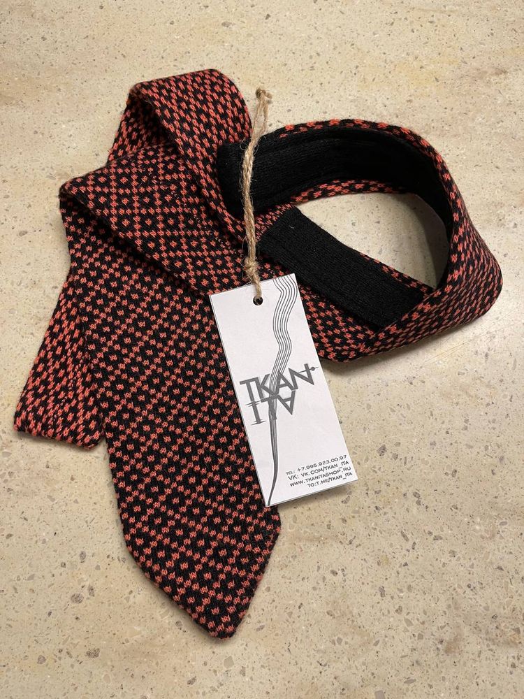 Трикотажный брендовый галстук (узор) (Ermenegildo Zegna, 141, Черно-коричневый фрн/лососевые ромбики, 7,5, 4,5, 100%кашемир)