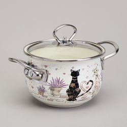 КАСТРЮЛЯ AGNESS ЭМАЛИРОВАННАЯ СО СТЕКЛЯННОЙ КРЫШКОЙ СЕРИЯ "LAVENDER CATS", 1,5 Л ДИА. 16СМ