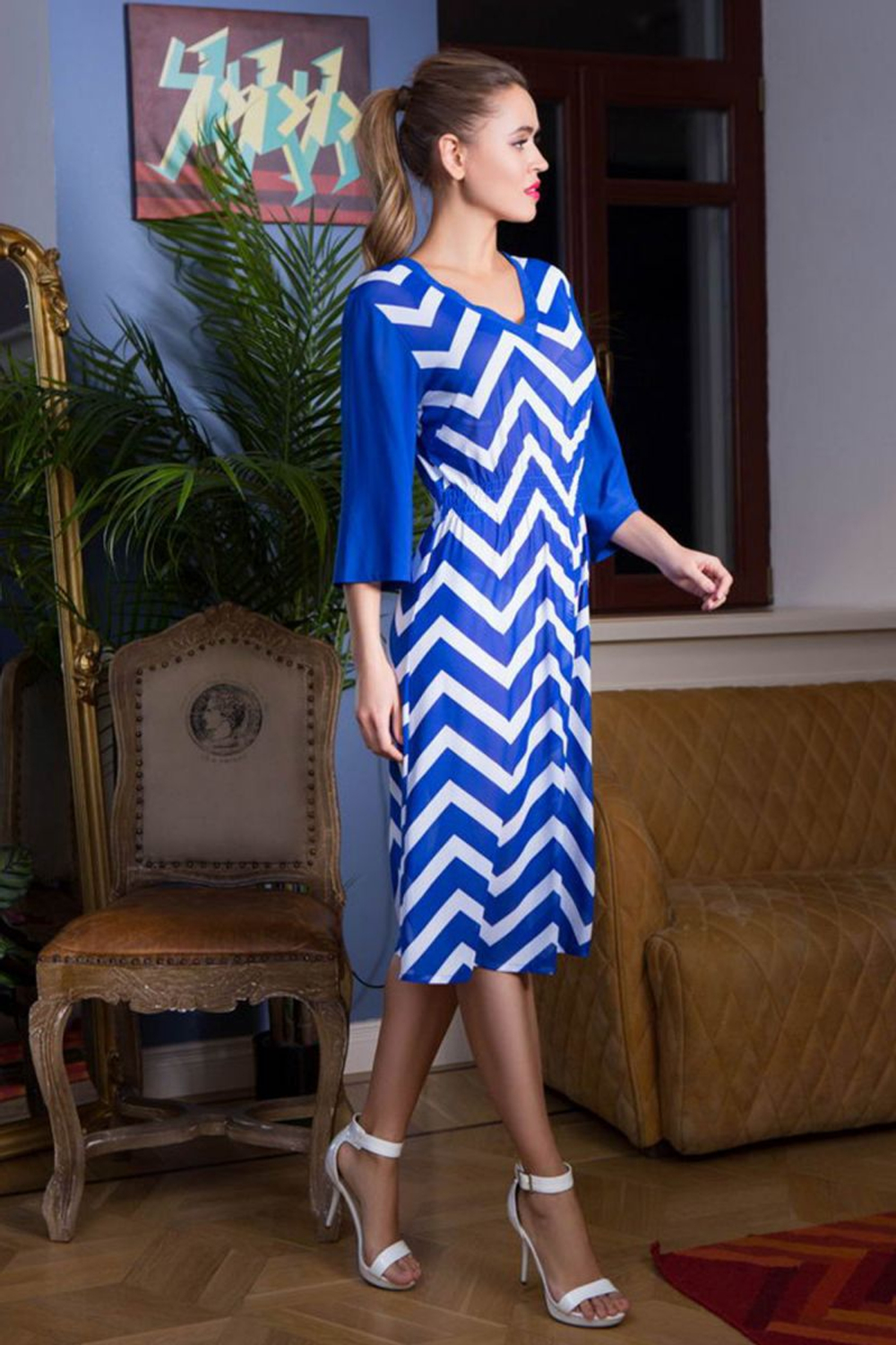 Пляжное платье Carlin длиной чуть ниже колена (Размер: XL) (Цвет: синий с белым)