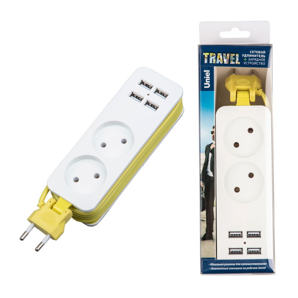 S-CT2-1,5U WHITE/GREEN Удлинитель серии Travel, шнур 1,5м., 2 гнездa, 10A, б/з, 4USB(2,1A). Белый с салатовым. ТМ Uniel
