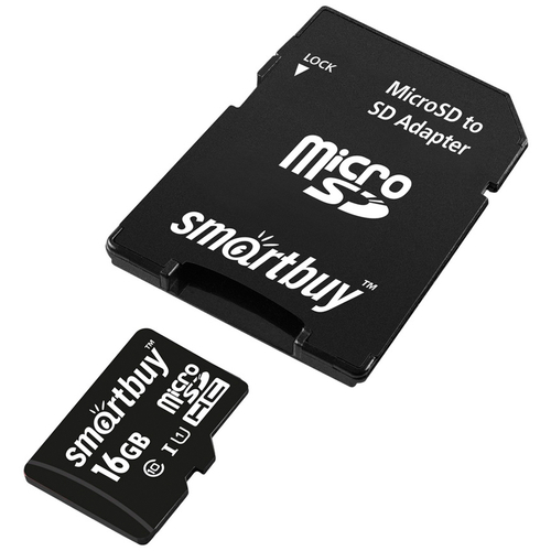 Карта памяти SmartBuy MicroSDHC 16GB UHS-1, Class 10, скорость чтения 30Мб/сек (c адаптером SD)