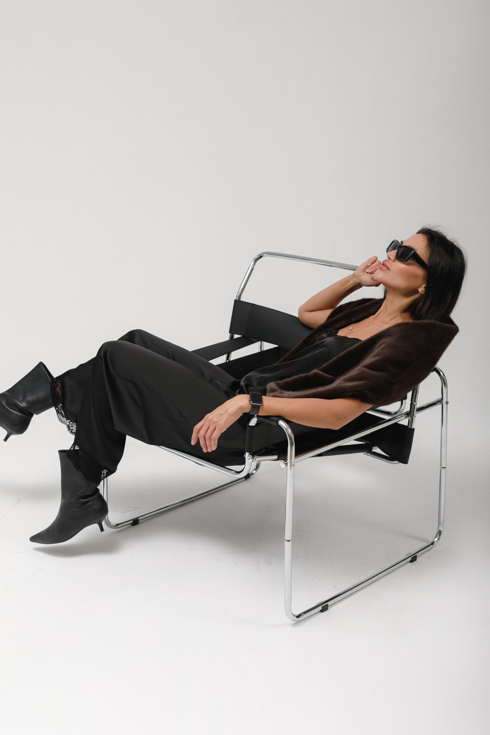 Брюки шелк с кружевом (черный)