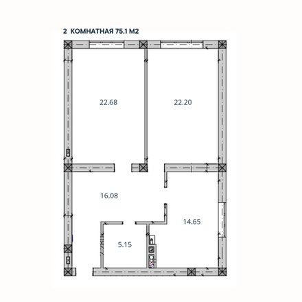 2-комн. квартира, 75,1 м²; 2,3 этажи