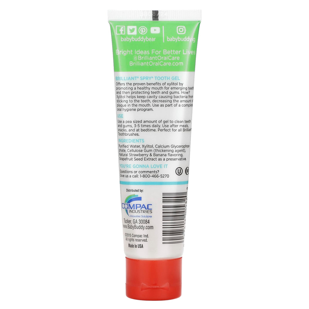 Baby Buddy, Brilliant, Spry, гель для зубов с ксилитолом, для детей от 3 месяцев, клубника и банан, 60 мл (2 жидк. унции)