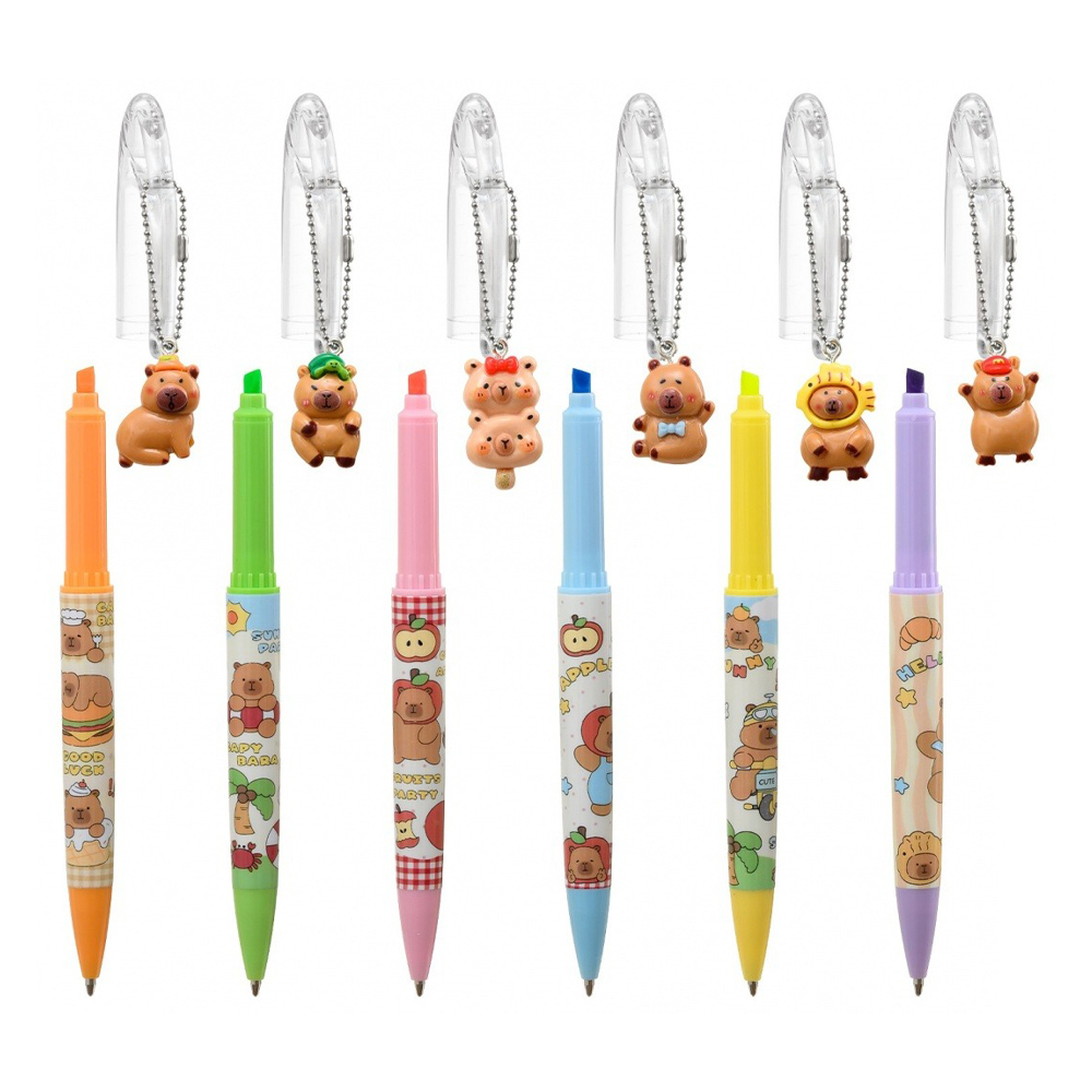 Ручка шариковая с текстовыделителем, автоматическая, Basir, синие чернила, серия "Капибара", с поворотным механизмом и брелоком