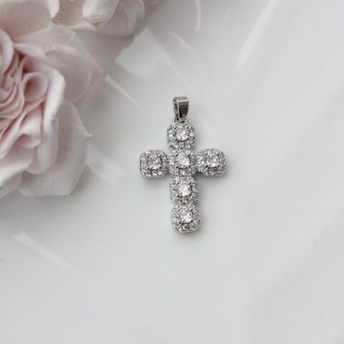 Подвеска Крестик с белыми фианитами 27*19 мм, родий, П991