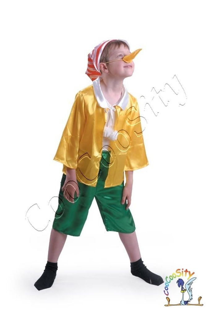 костюм Буратино детский р-р 26, рост 95-110 (желтая куртка, зеленые бриджи, нос)