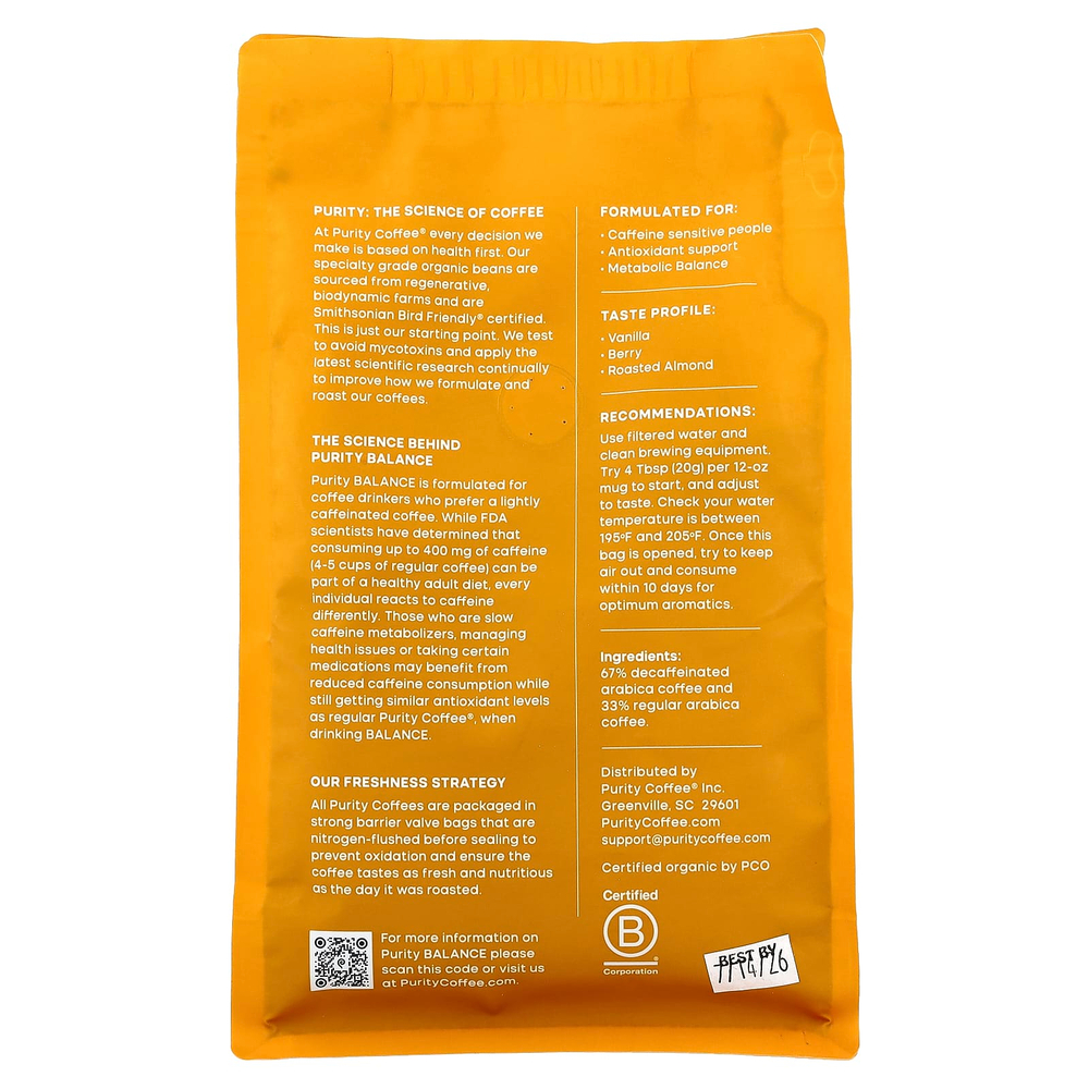 Purity Coffee, Balance, молотый, на 2/3 без кофеина, 340 г (12 унций)