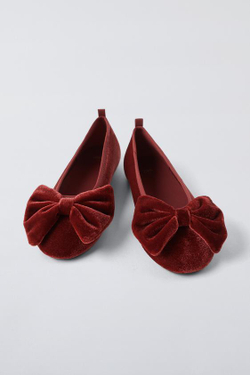 ZARA БАРХАТНЫЕ БАЛЕТКИ С БОЛЬШИМ БАНТОМ, ГРАНАТОВЫЙ