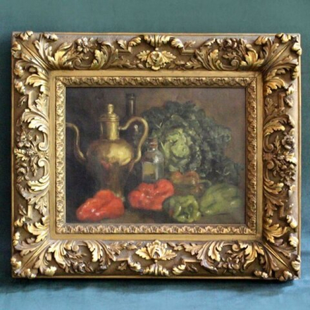 Винтажная картина «Натюрморт с овощами и вином»