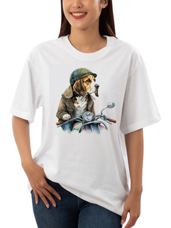 Футболка белая хлопковая с принтом бигль на мотоцикле оверсайз