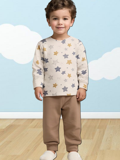 10131 Пижама детская кулирка звезды на молочном/кофе с молоком (64-122/128)