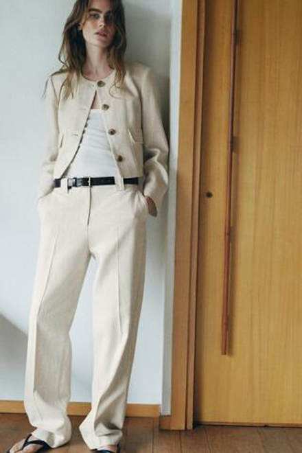 ZARA БРЮКИ ПРЯМОГО КРОЯ ИЗ РЕЛЬЕФНОЙ ТКАНИ, СВЕТЛО-БЕЖЕВЫЙ